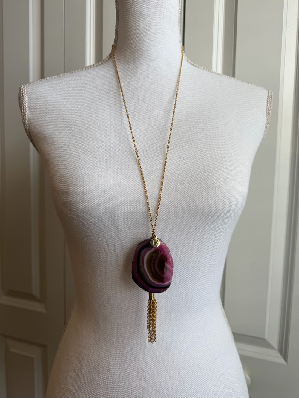 Boutique Pink Banded Stone Look Pendant Tassel Long Necklace